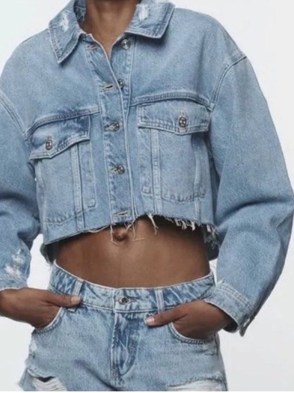 Zara Cropped Light Wash Distressed Denim Jean Jacket